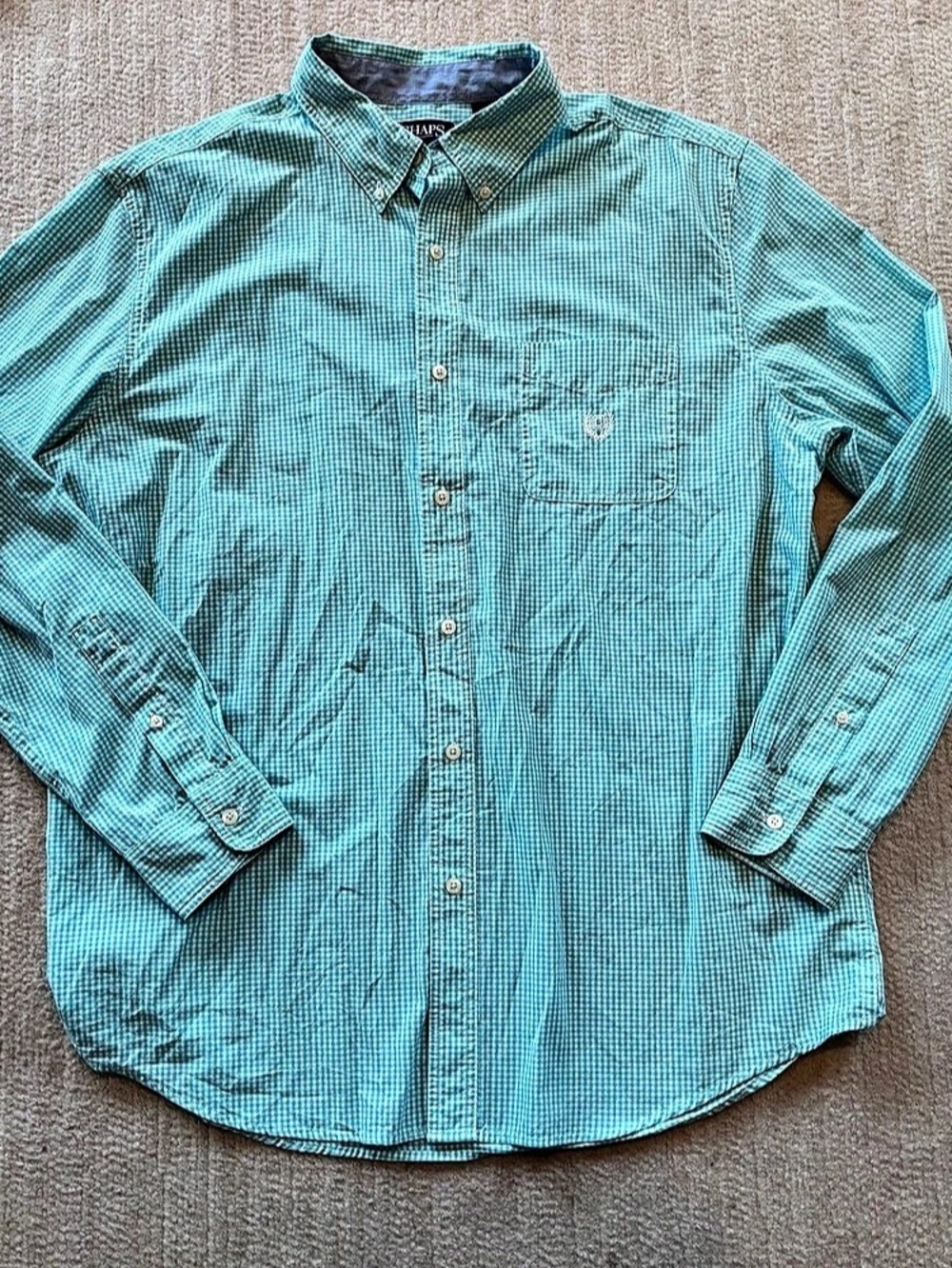 CHAPS Men's Long Sleeve Gingham Button-Down Shirt Green & White XL